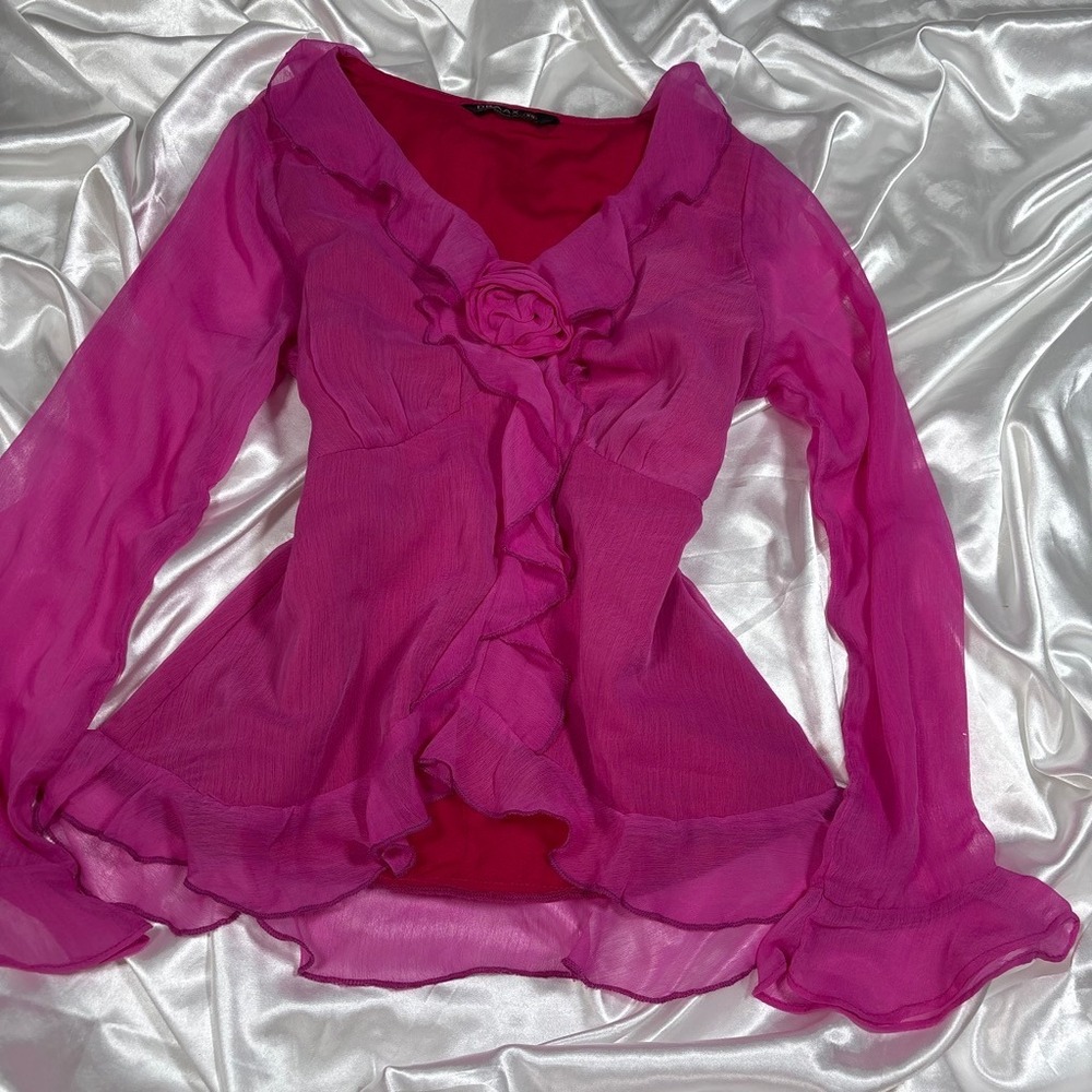 y2k romantic Ruffle Blouse Pink Draax Rose Applique Long Sleeve XS - Picture 2 of 5
